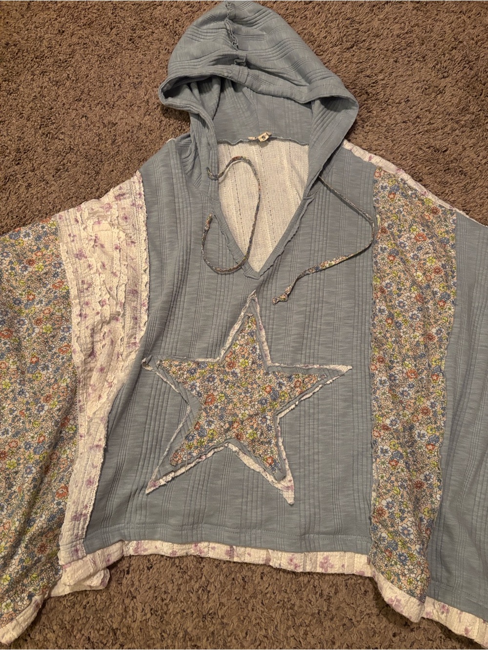 POL Blue Floral Patchwork Hooded Short Sleeve Top - Picture 2 of 2
